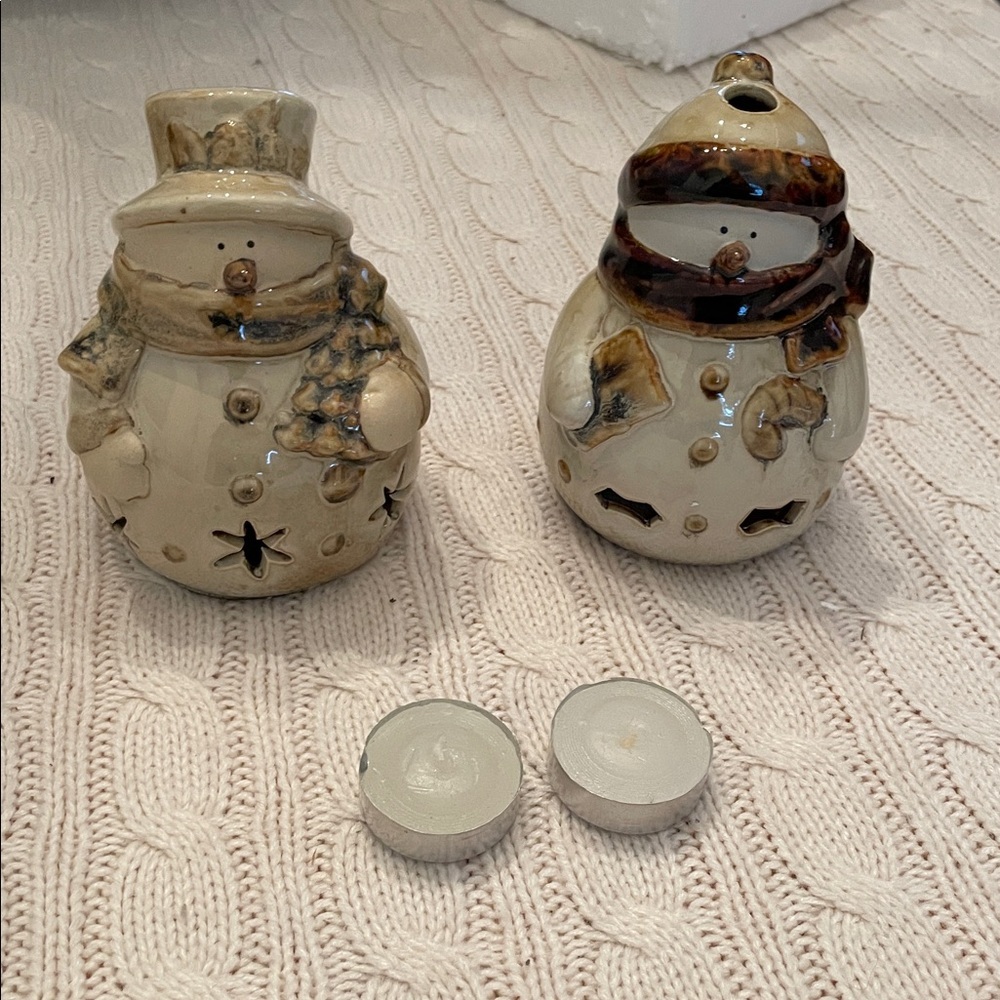 NIB North Lights at Home snowmen tea light holders. Ceramic. Glazed unused tan - Picture 10 of 13